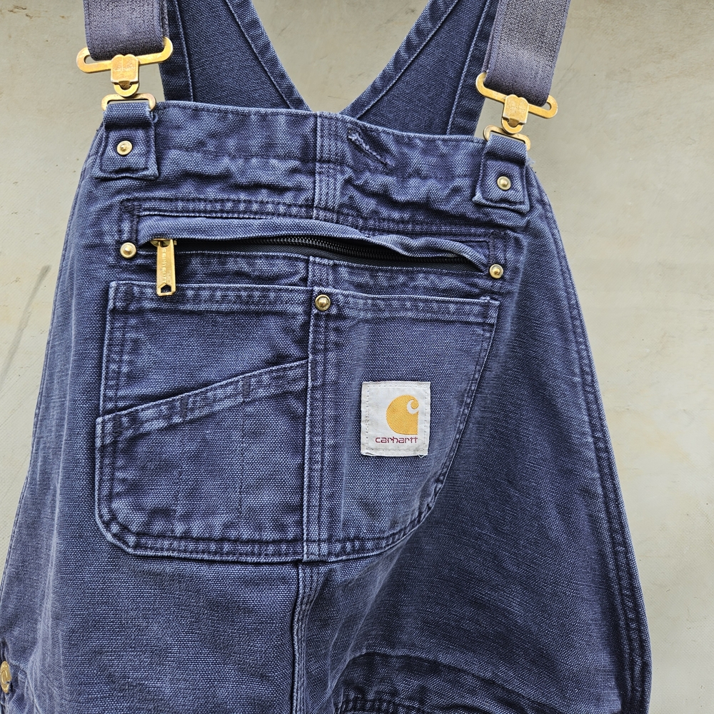 Carhartt Navy Blue Heavyweight Bib Overalls Gold Detail & Worn In 42x36 Unisex